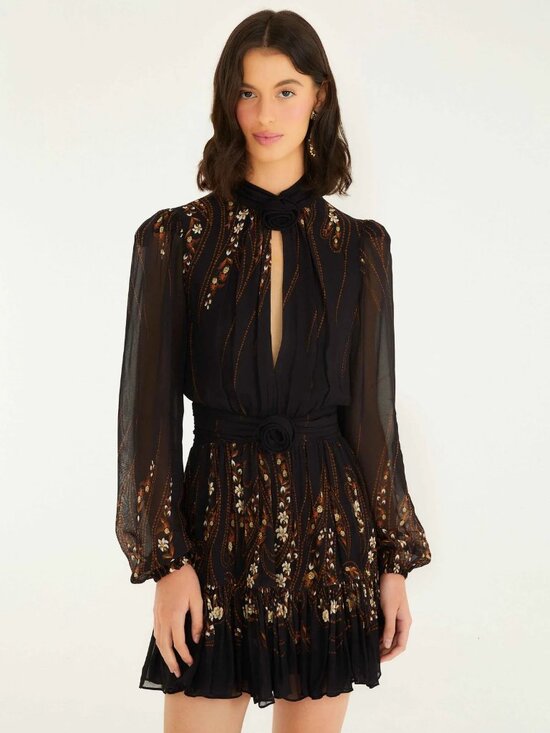 FARM Rio Dresses & Skirts - FARM Rio Black Garden Silhouette Floral Long Sleeve Mini Dress